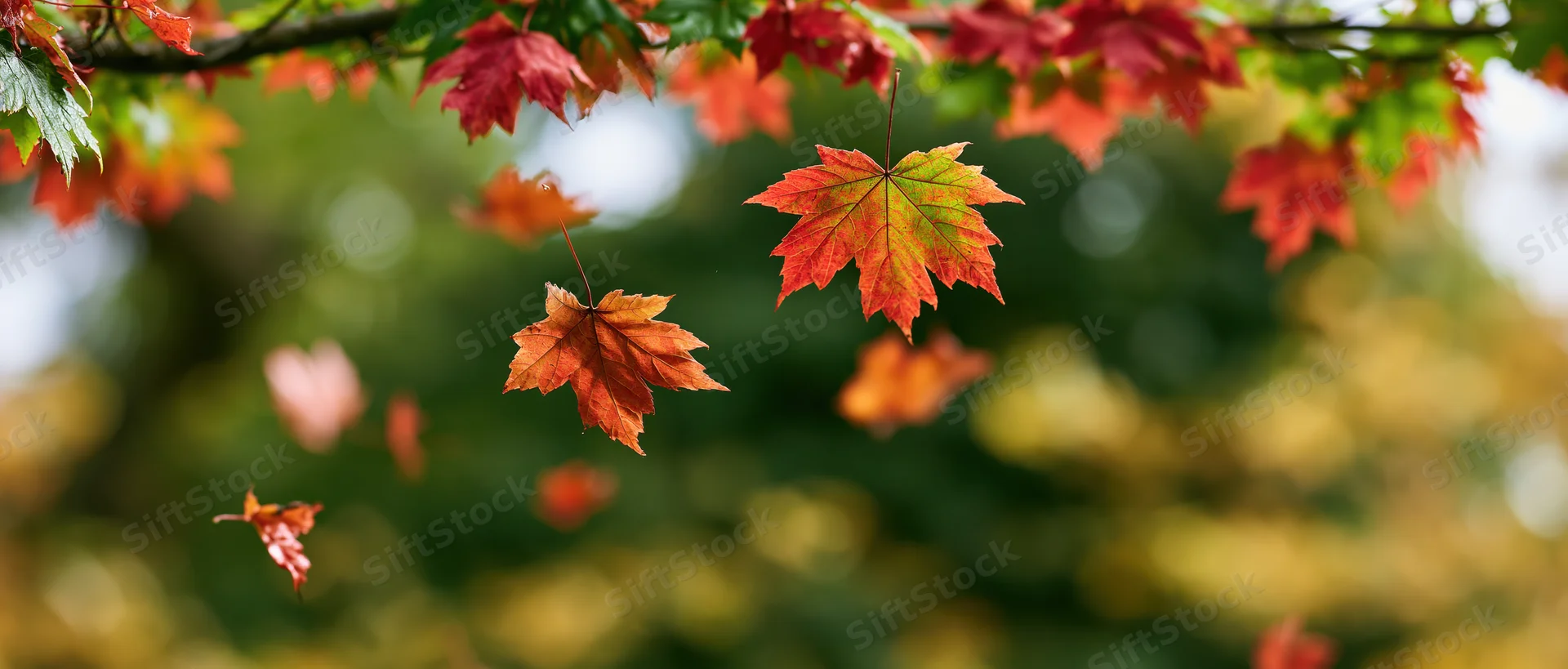 Maple leaves falling and floating in autumn forest with blurred green background