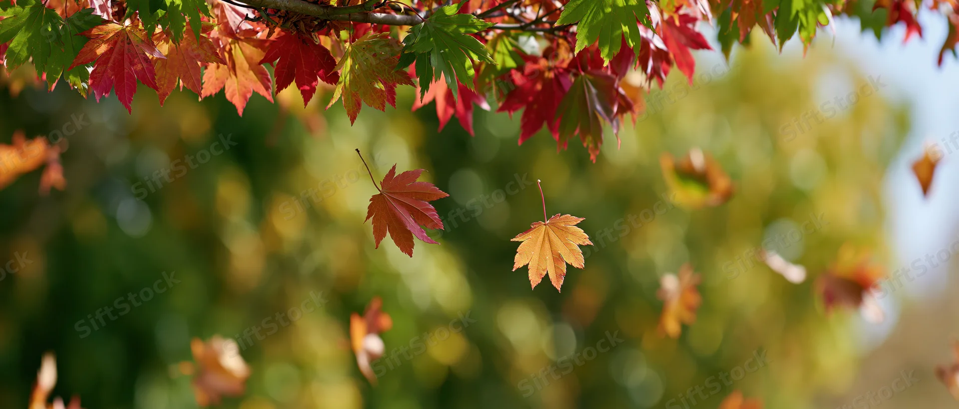 Maple leaves falling and floating in autumn sunlight with blurred green foliage background