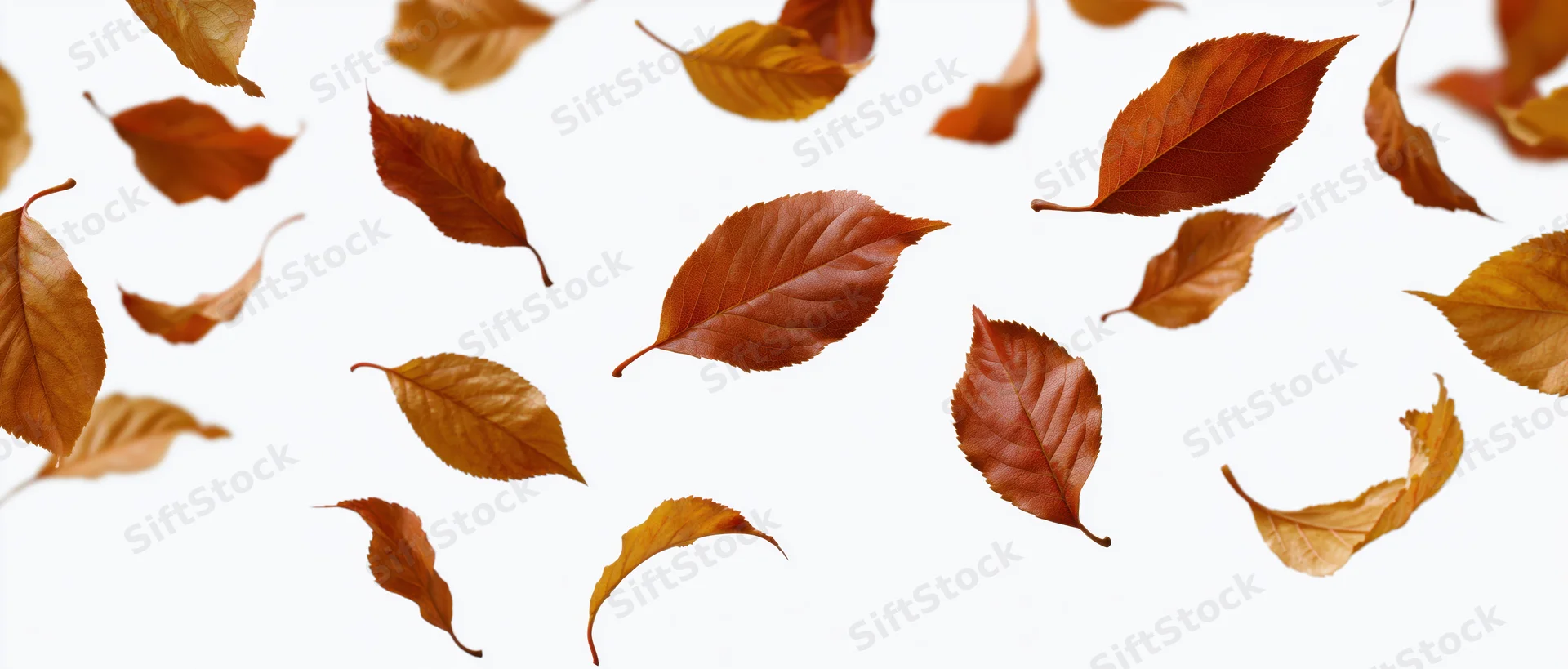 Autumn leaves falling in midair against a white background