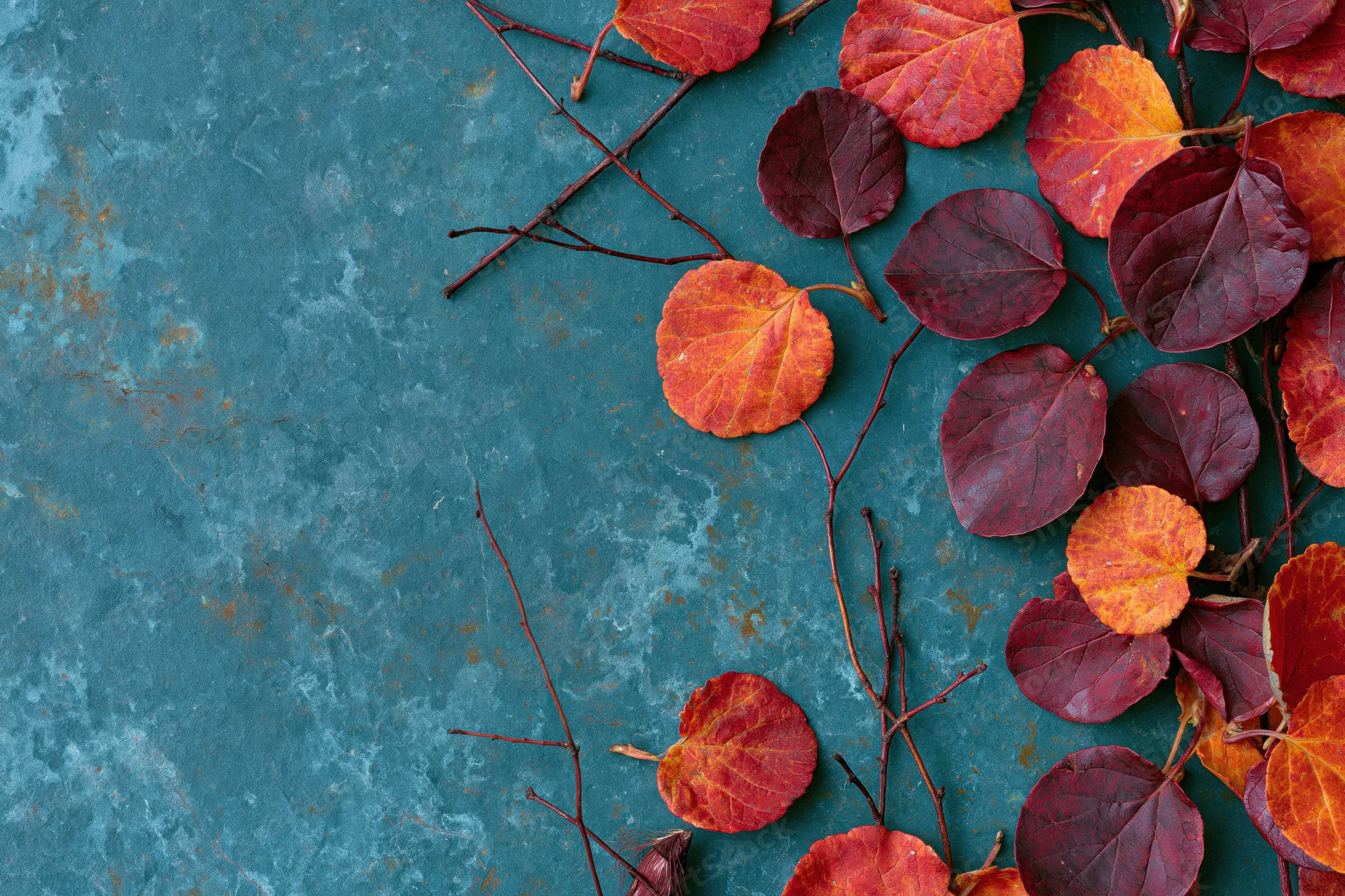 Autumn leaves in shades of red orange and burgundy arranged on a textured blue surface with copyspace
