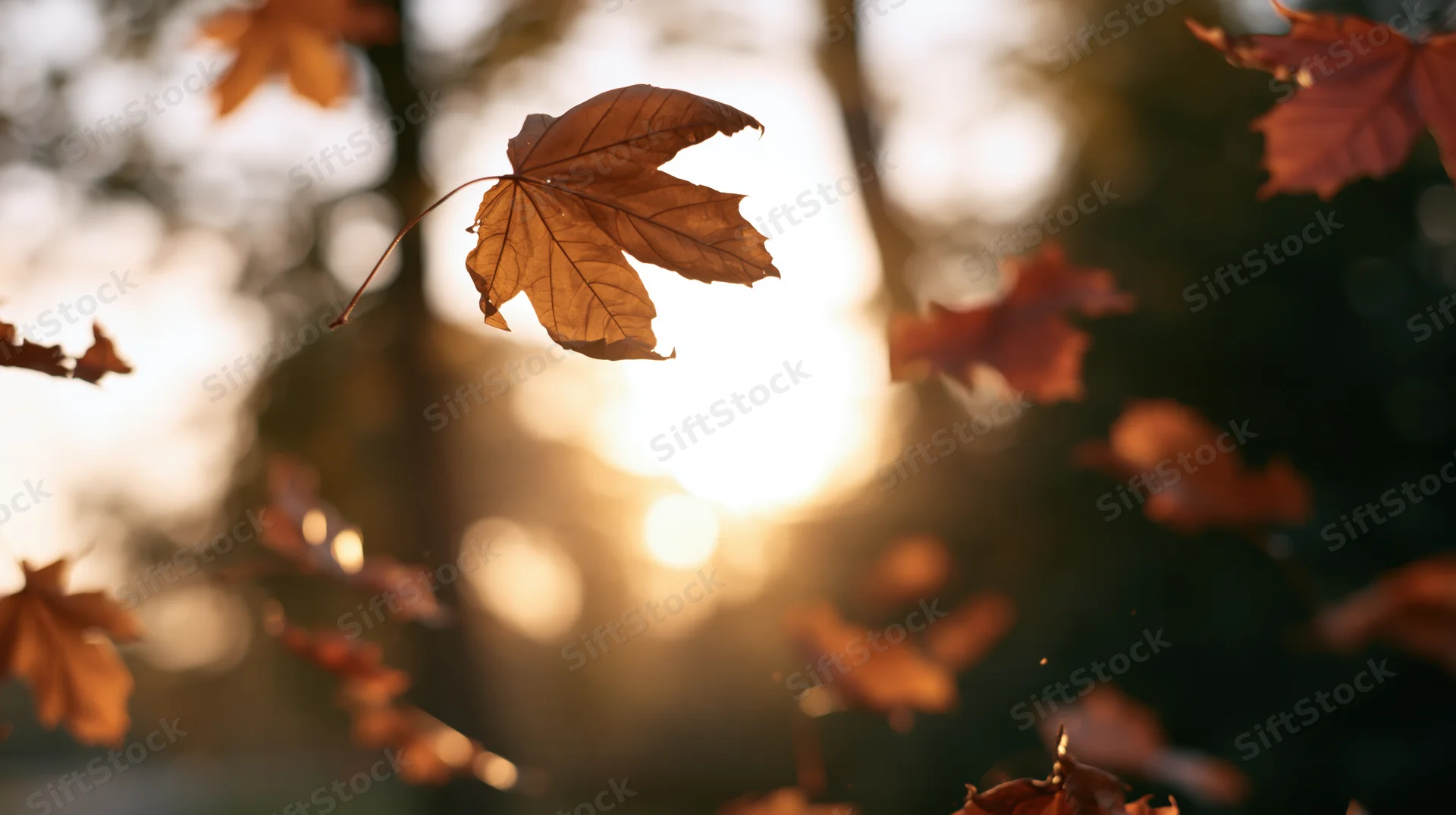 Maple leaf falling in autumn breeze with sunlight filtering through trees