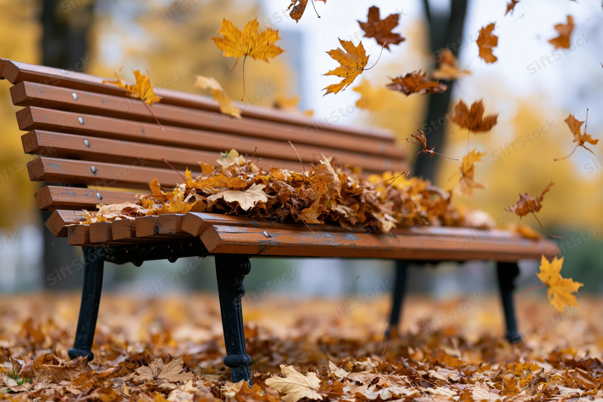 Wooden park bench covered in falling autumn leaves in an outdoor setting
