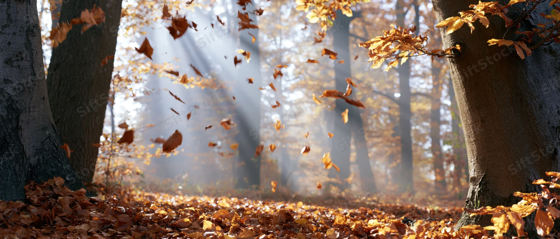 Autumn leaves swirling and falling through a sunlit clearing in a forest