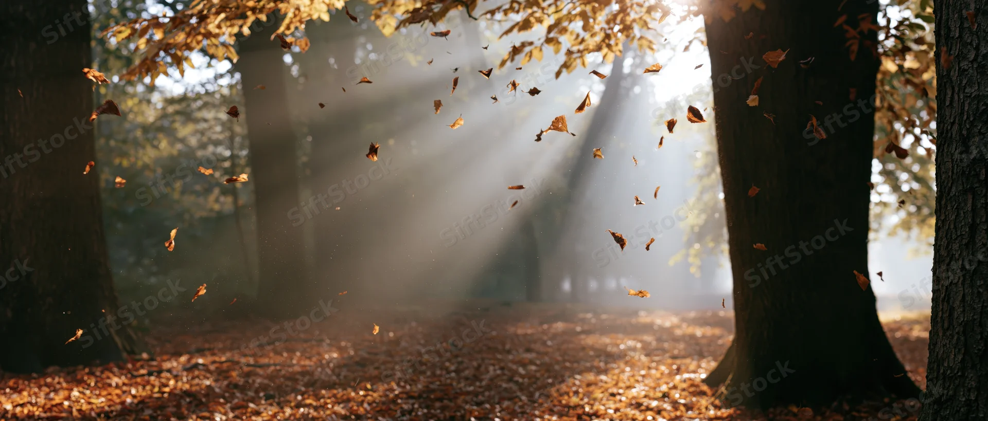 Autumn leaves swirling and falling through a sunlit clearing in a forest
