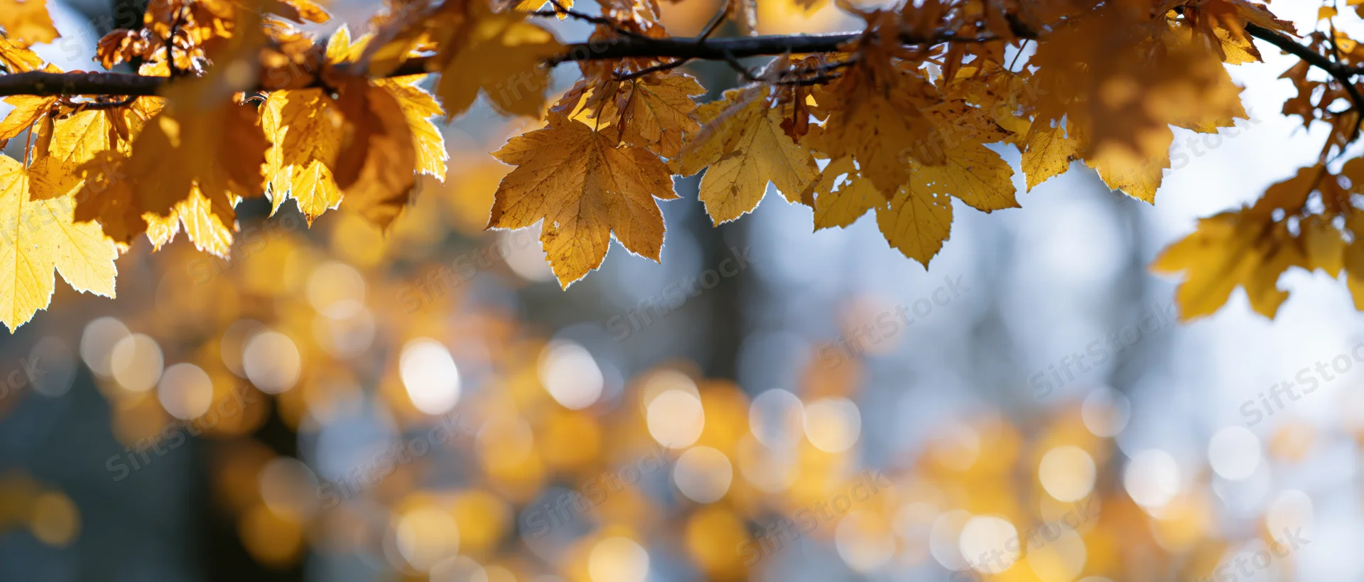 Golden maple and beech leaves hanging from branches in autumn sunlight with blurred forest background