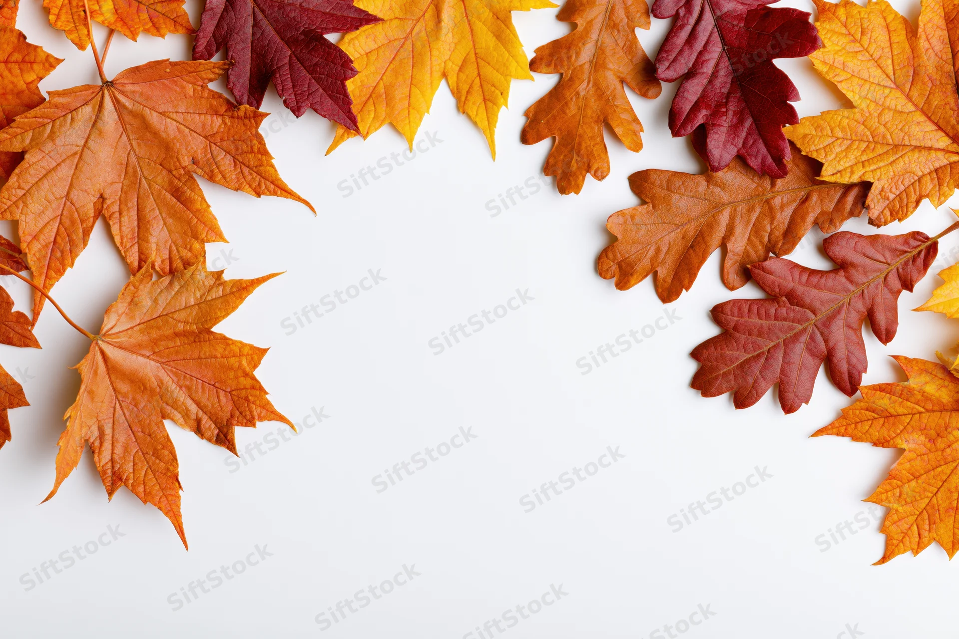 Autumn maple and oak leaves arranged as a border frame along white background with copyspace