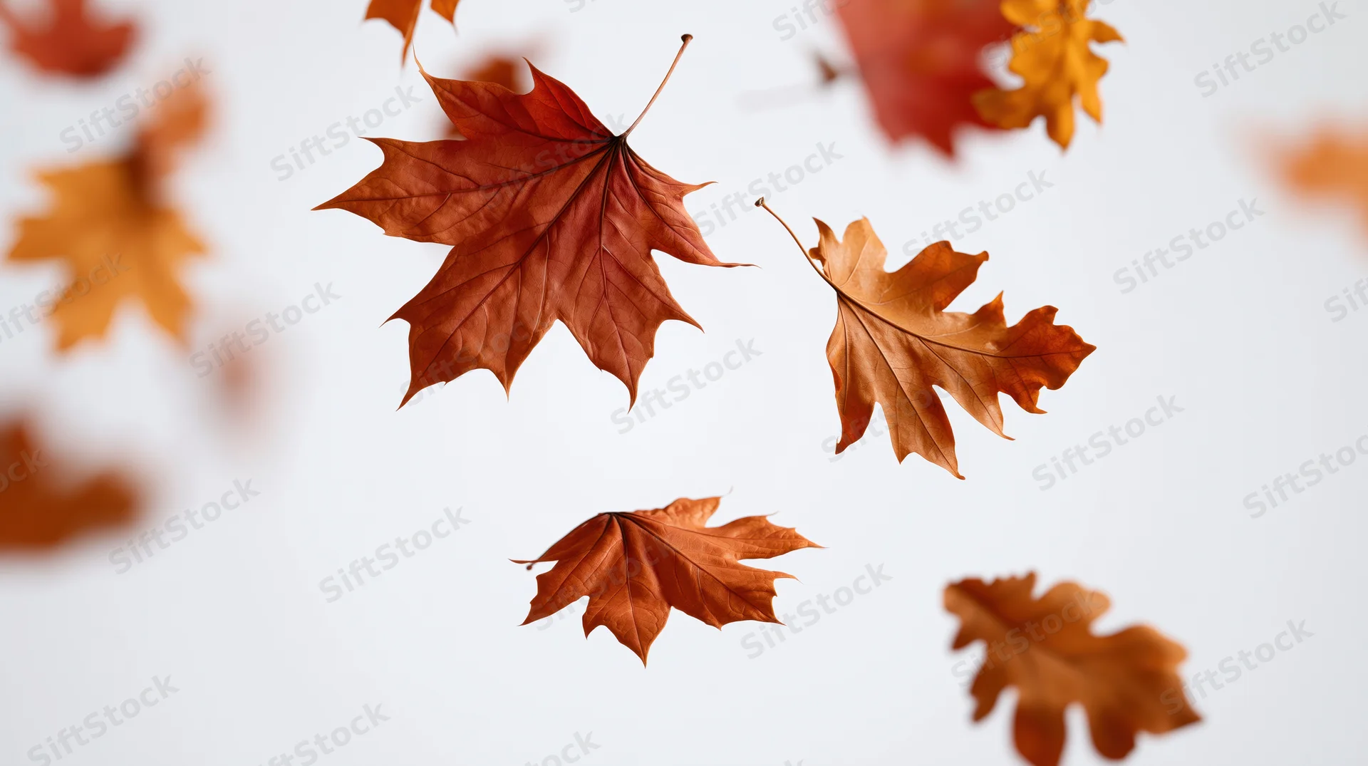 Autumn maple and oak leaves falling against a white background