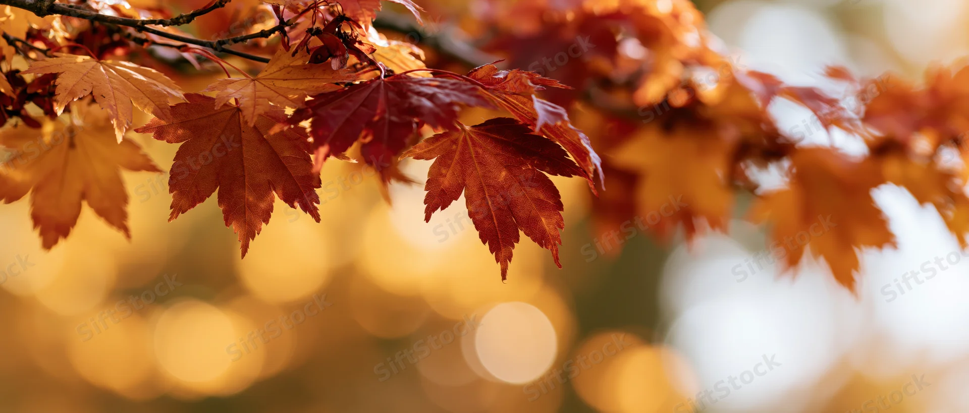 Maple branches with red and orange leaves in autumn sunlight