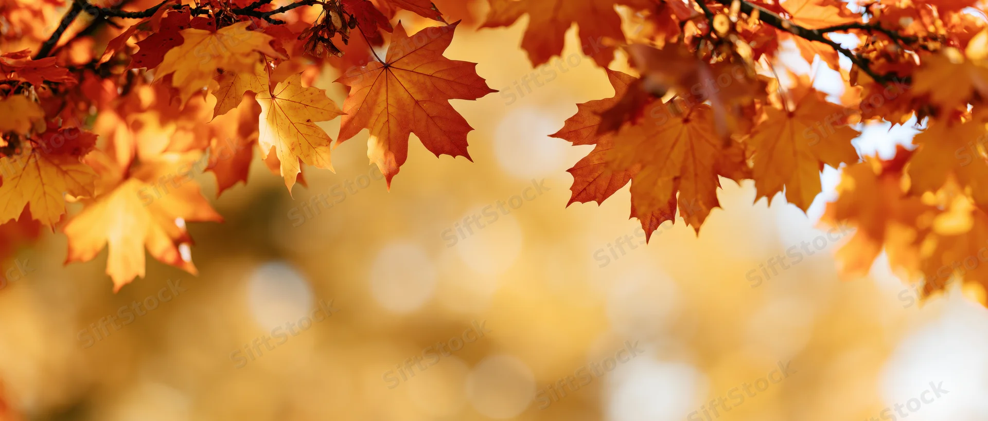 Maple leaves in autumn colors framing the view with soft bokeh background