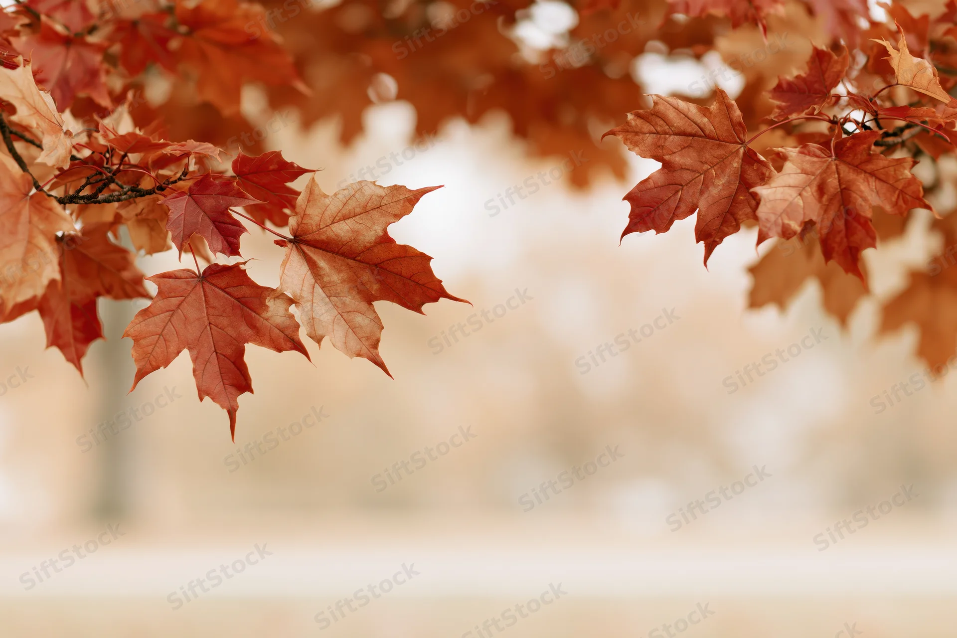 Maple leaves in autumn colors framing the view with soft blurred background