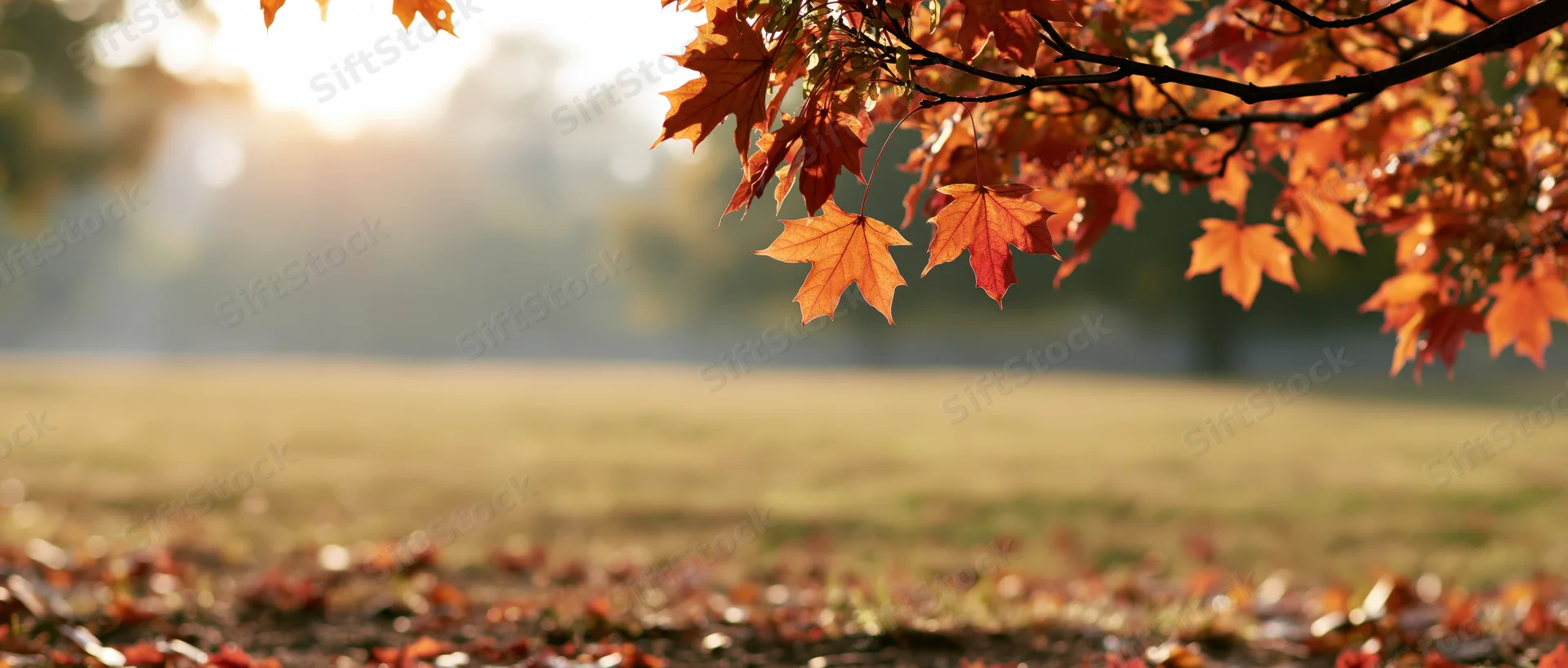 Maple branches with orange and red leaves over a grassy field in autumn light