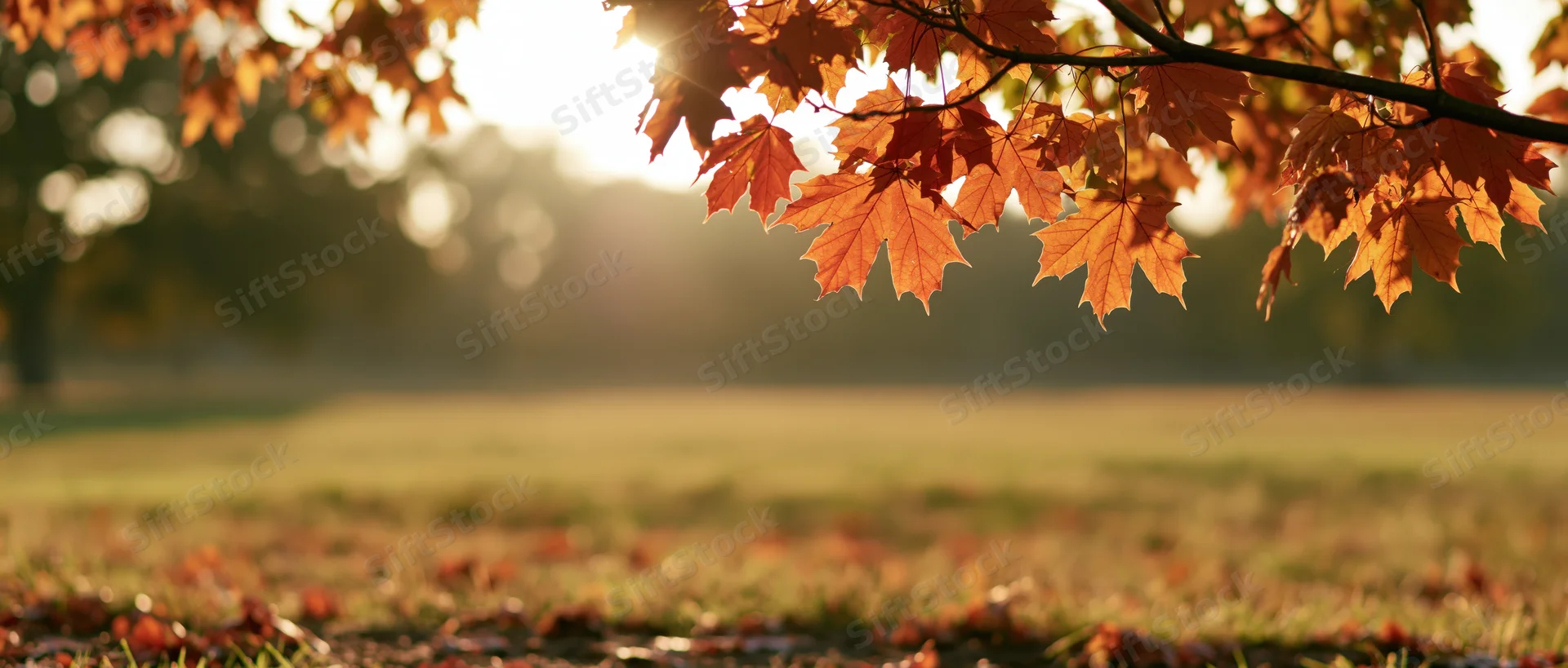 Maple branches with orange and red leaves over a grassy field at sunrise