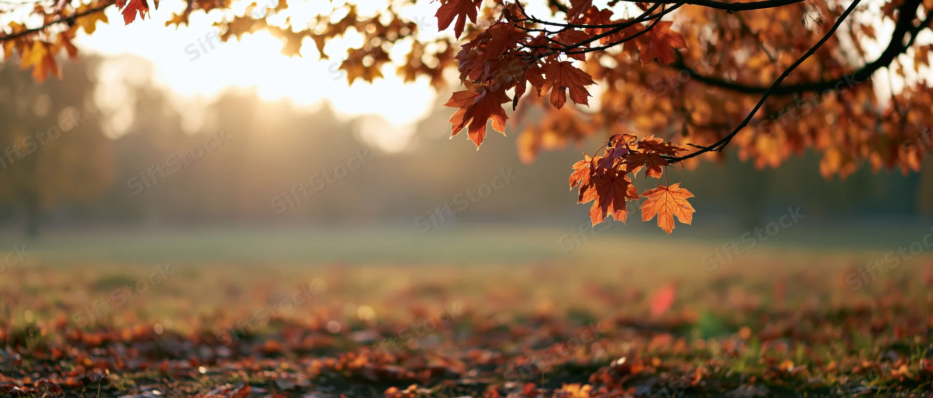 Maple branches with orange and red leaves over a grassy field at sunrise in autumn