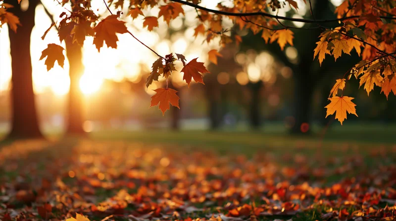 Maple branches with orange and yellow leaves hanging over a carpet of fallen foliage in a park at sunset