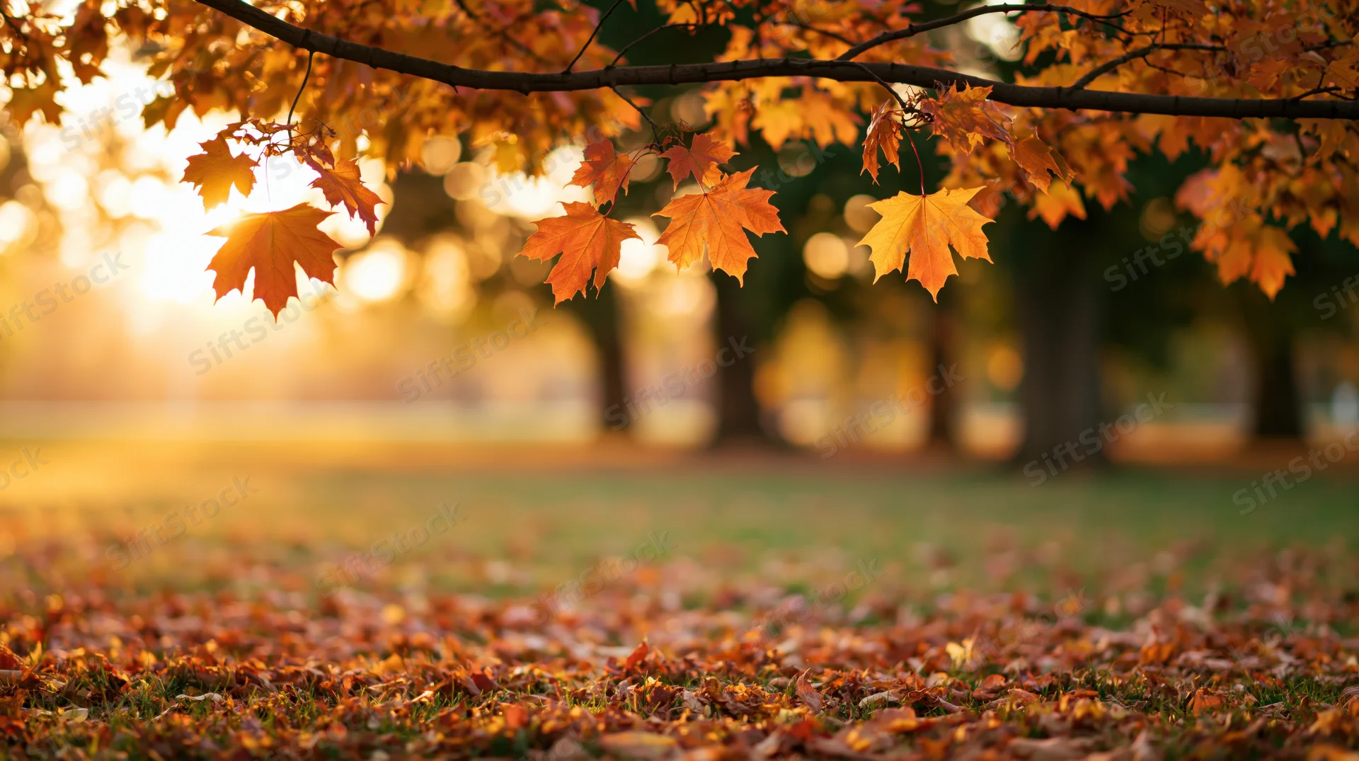 Autumn maple branches with orange and yellow leaves hanging over a grassy field covered in fallen foliage at sunset