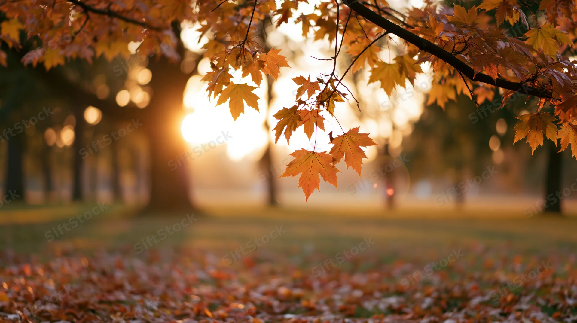Maple branches with orange and yellow leaves hanging over a carpet of fallen foliage in a park at sunset