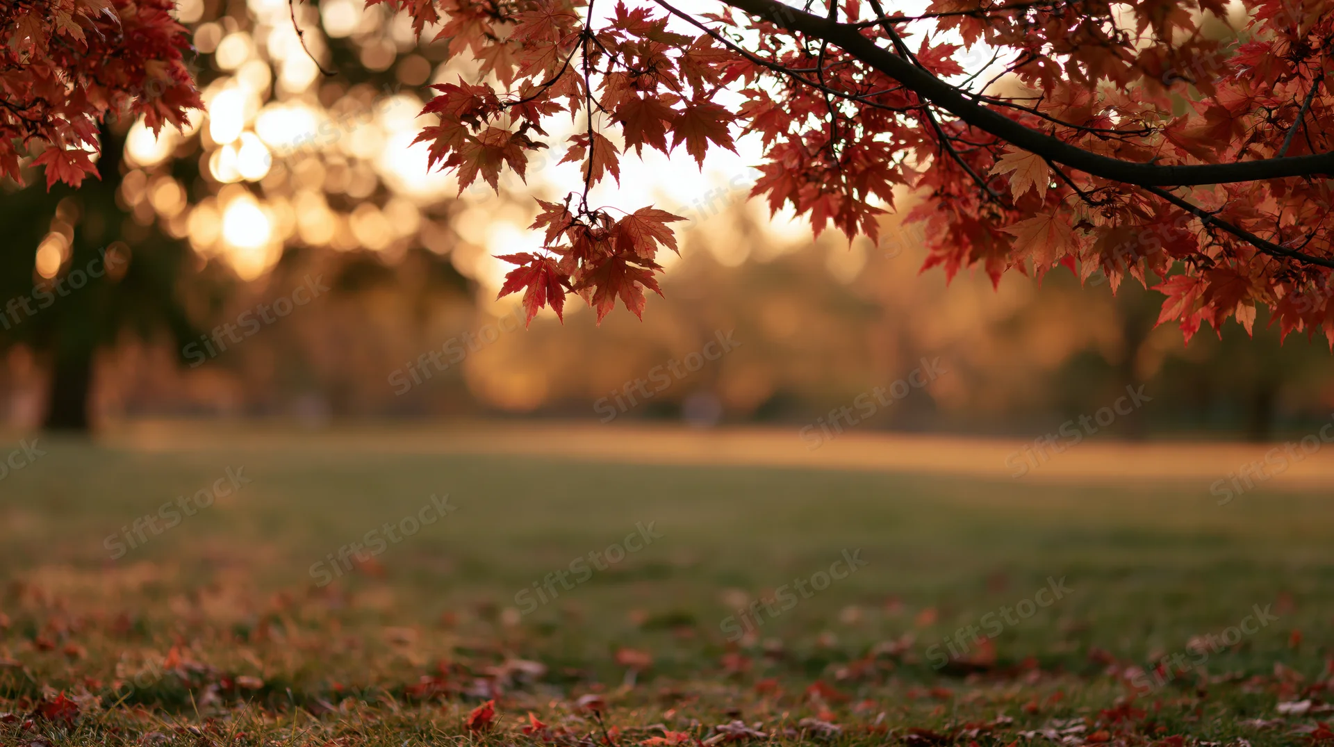 Maple branches with red and orange leaves framing a sunlit park field in autumn