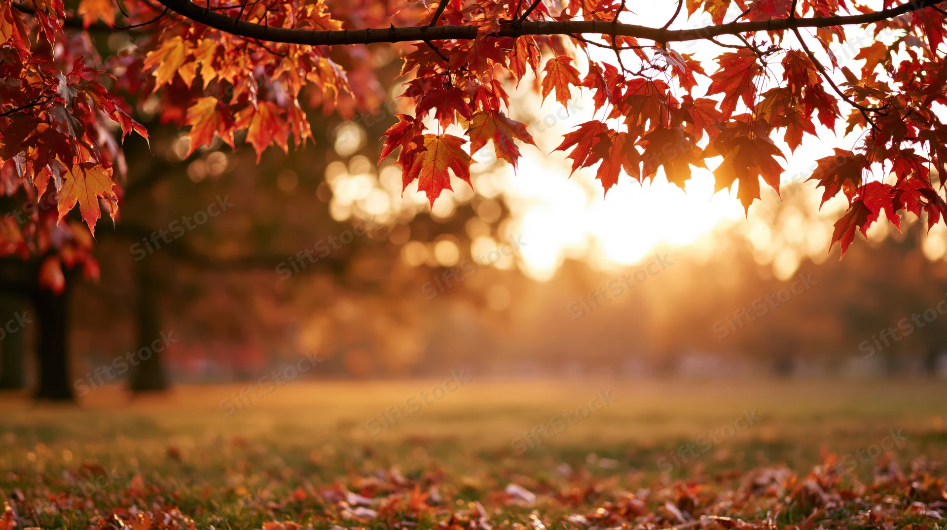 Autumn maple branches with red and orange leaves framing a golden sunset over a grassy park