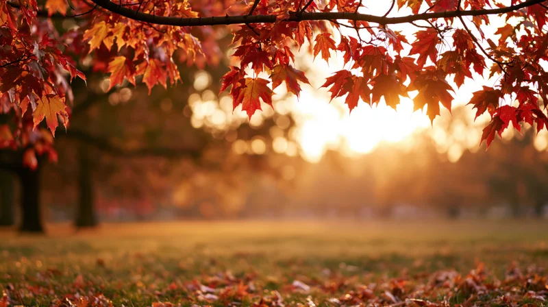 Autumn maple branches with red and orange leaves framing a golden sunset over a grassy park
