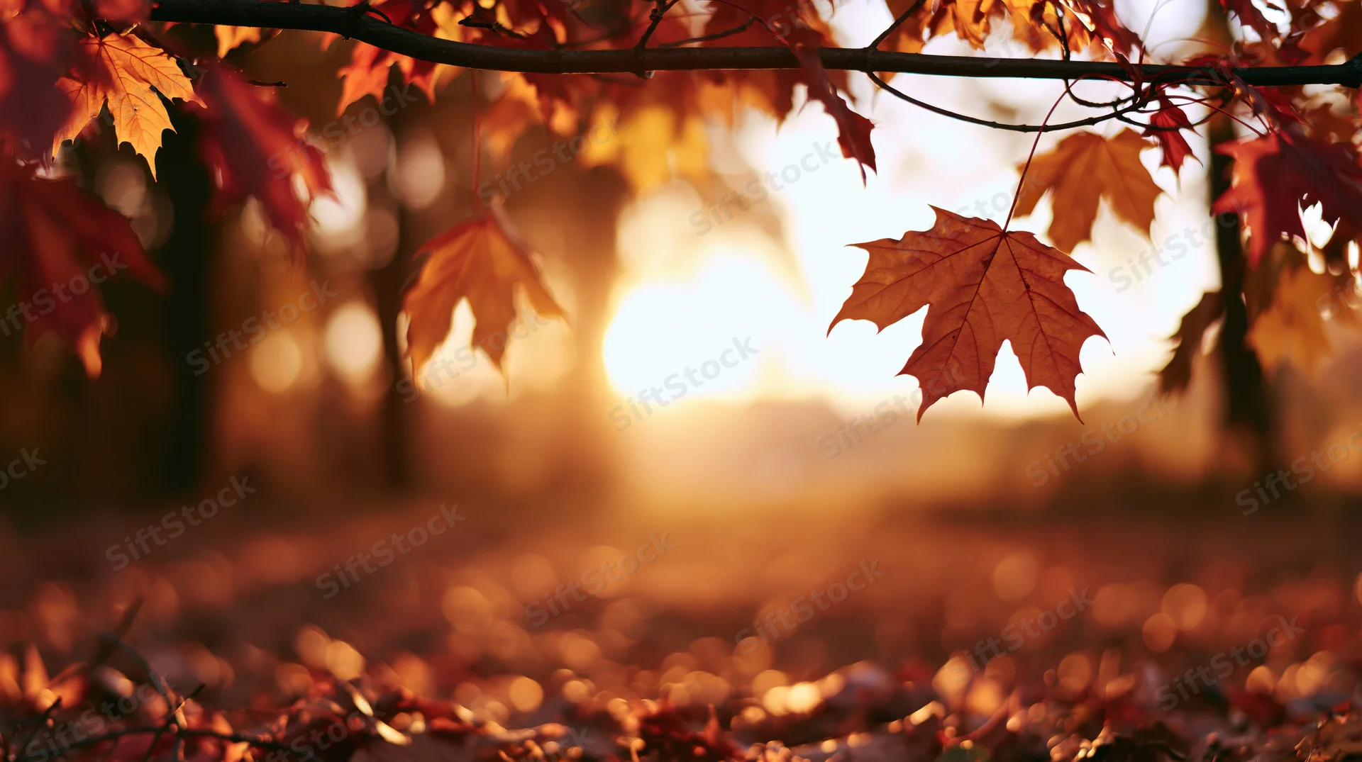 Autumn maple leaves framing a golden sunset in a forest clearing