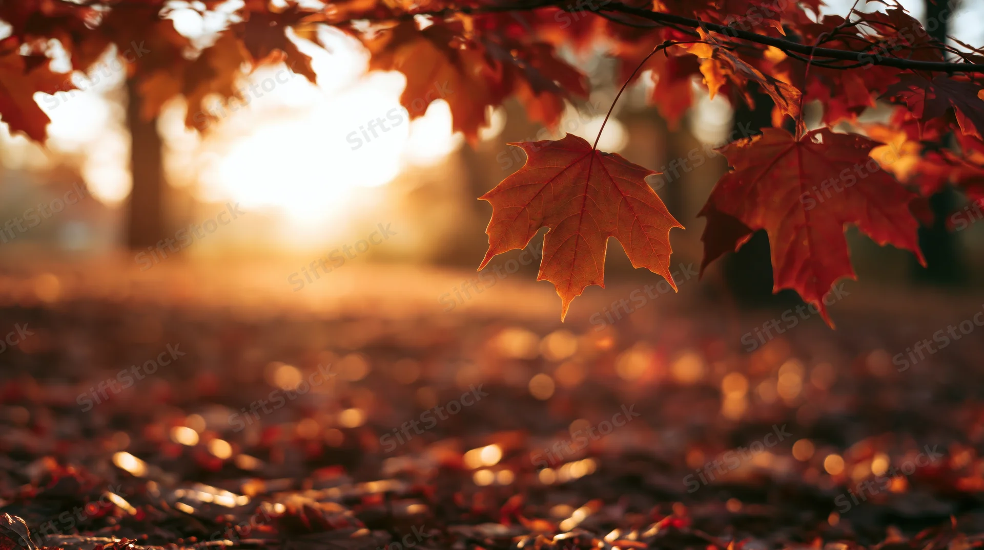 Maple leaves framing a sunlit forest floor in autumn