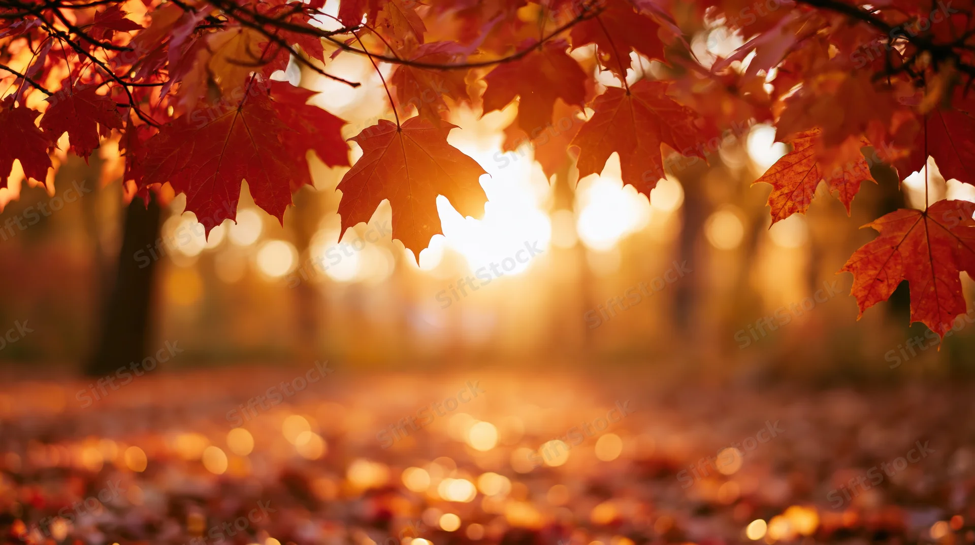 Autumn maple leaves framing a sunlit forest path with fallen foliage on the ground