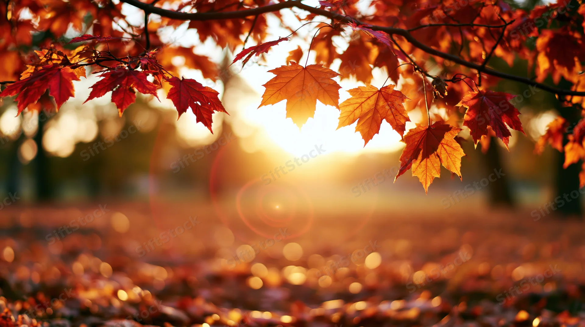 Maple branches with red and orange leaves framing a sunset in an autumn forest