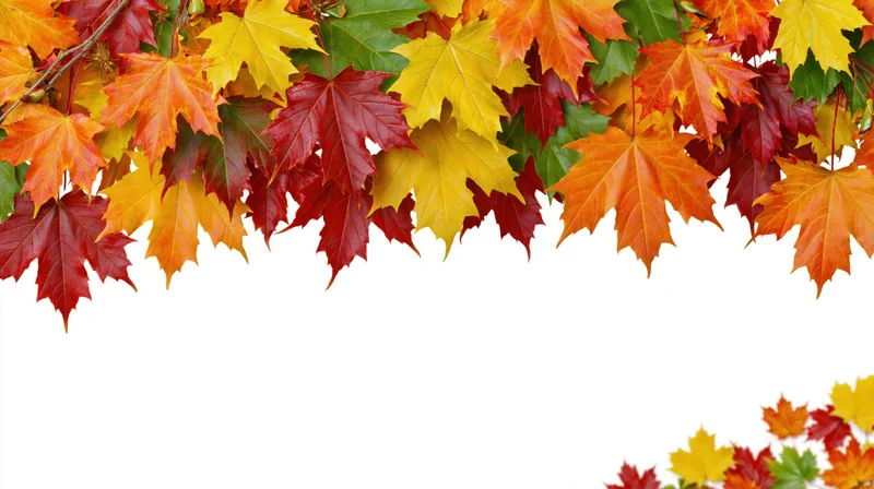 Autumn maple leaves arranged as a decorative border frame on white background with copyspace