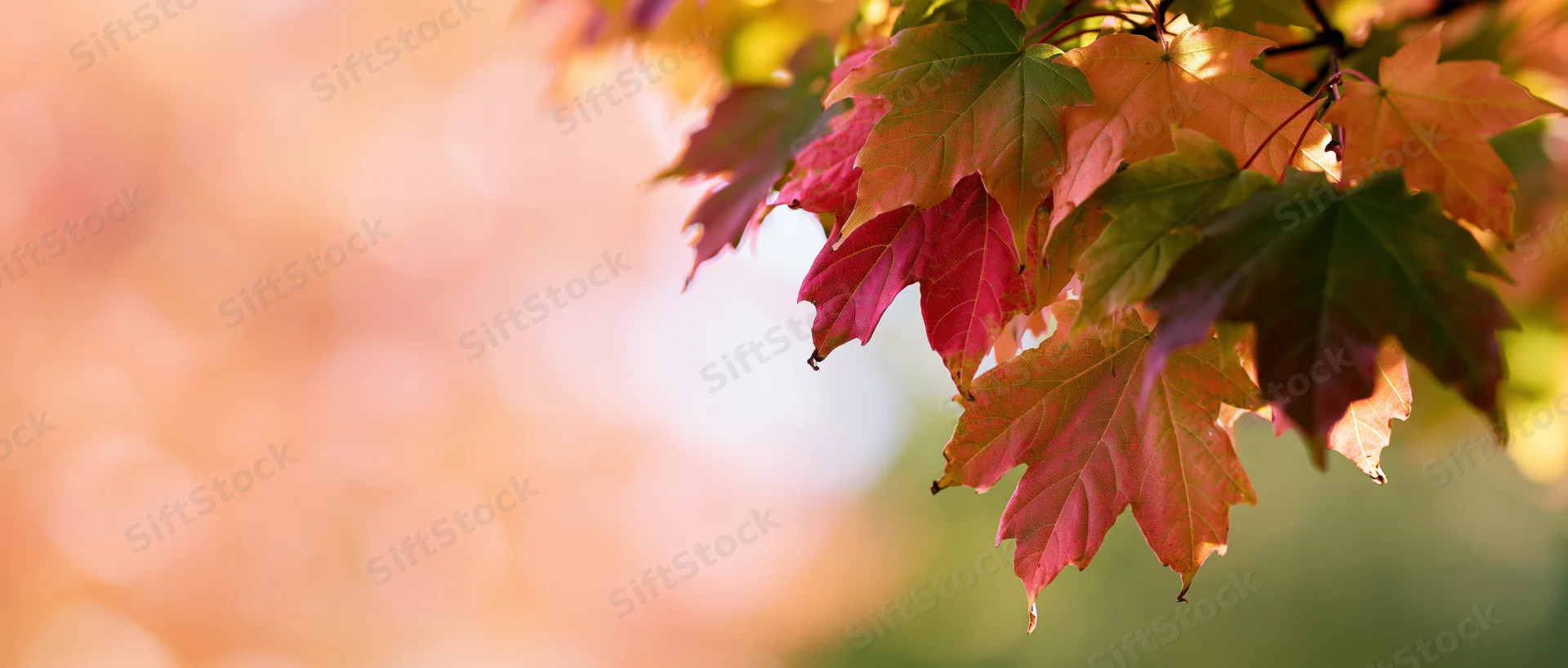 Maple leaves in autumn colors clustered in the upper right corner against a soft blurred background