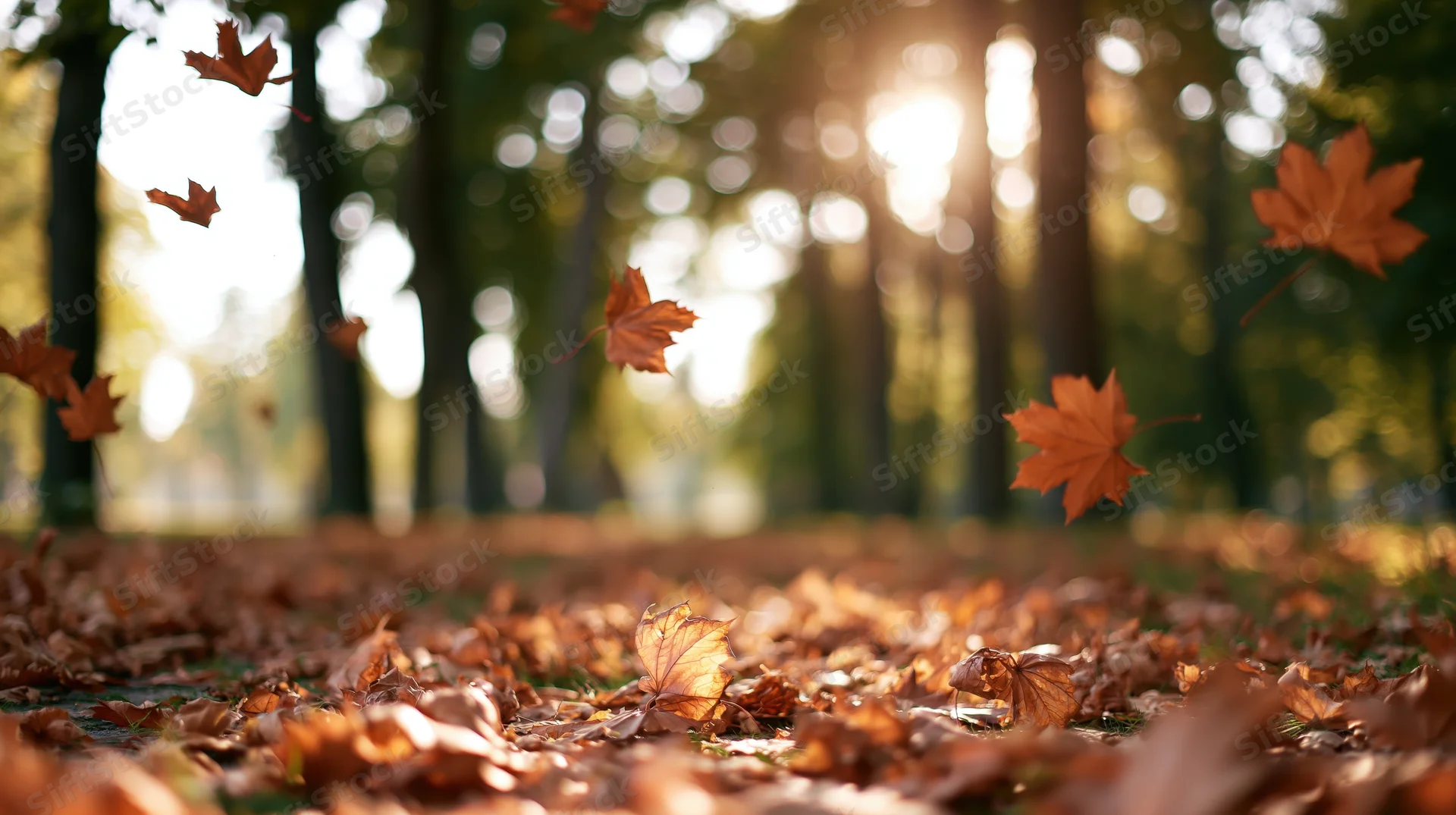 Maple leaves falling and scattered across a park ground in autumn forest
