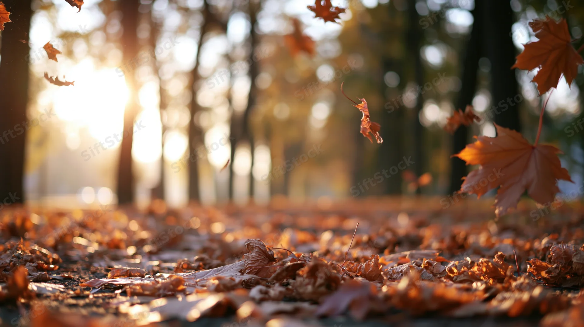 Maple leaves falling and scattered across a park ground in autumn sunlight