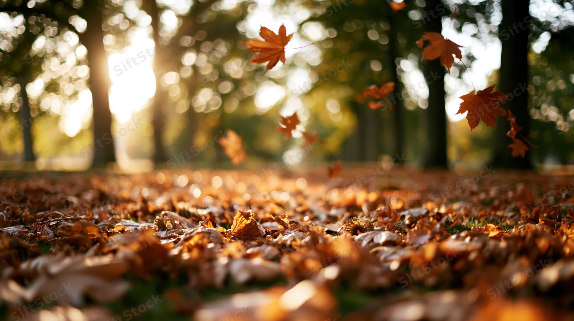 Maple leaves falling and scattered across park ground in autumn sunlight