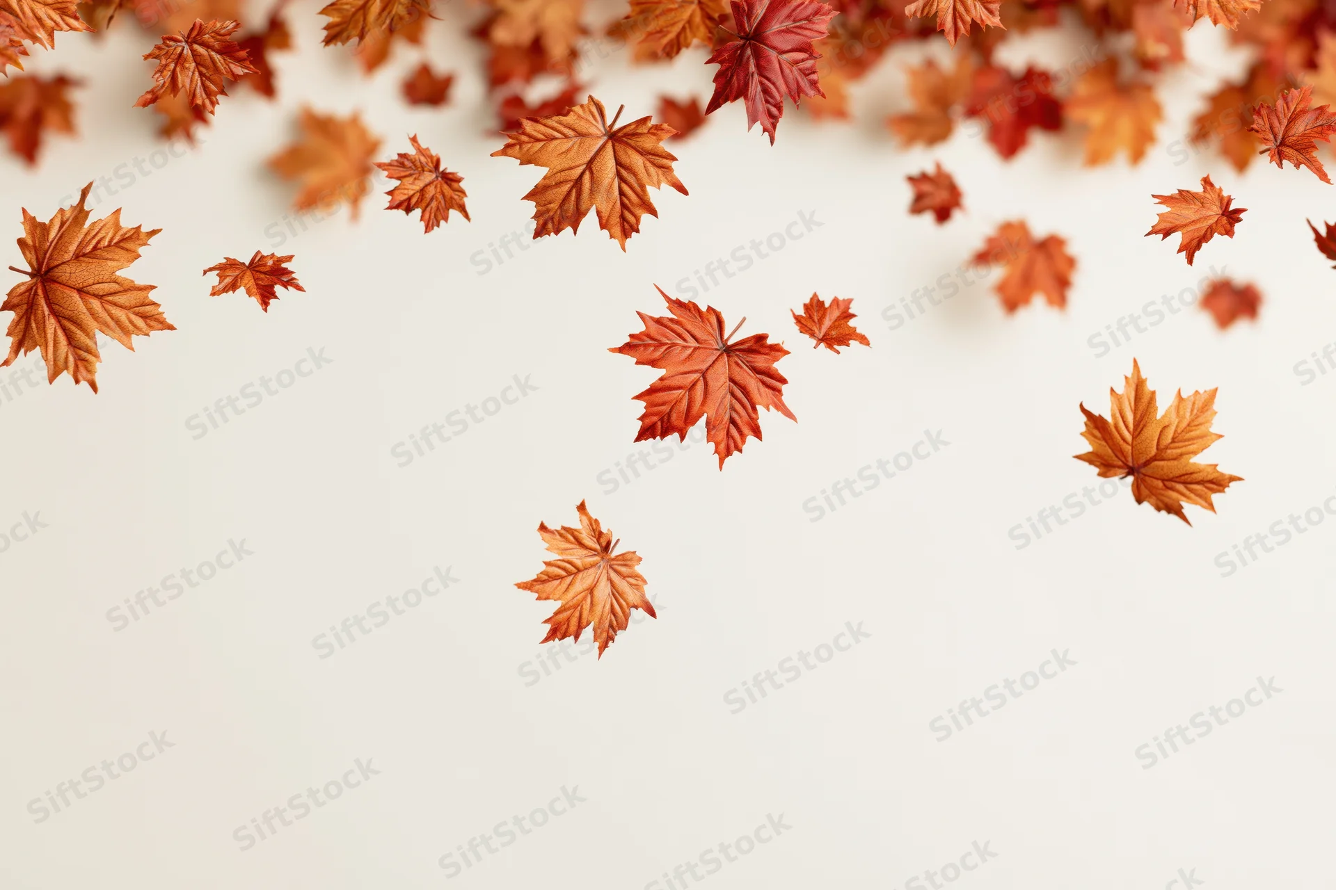 Autumn maple leaves scattered across the top of a light background with copyspace below