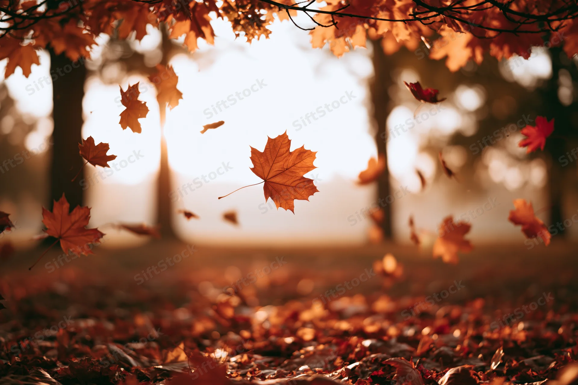 Maple leaves falling in midair over a park clearing with sunlight filtering through trees