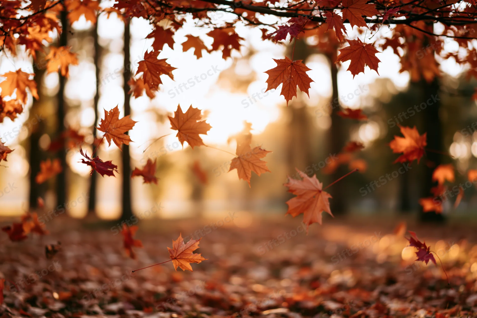 Maple leaves falling midair in a park clearing at autumn sunset