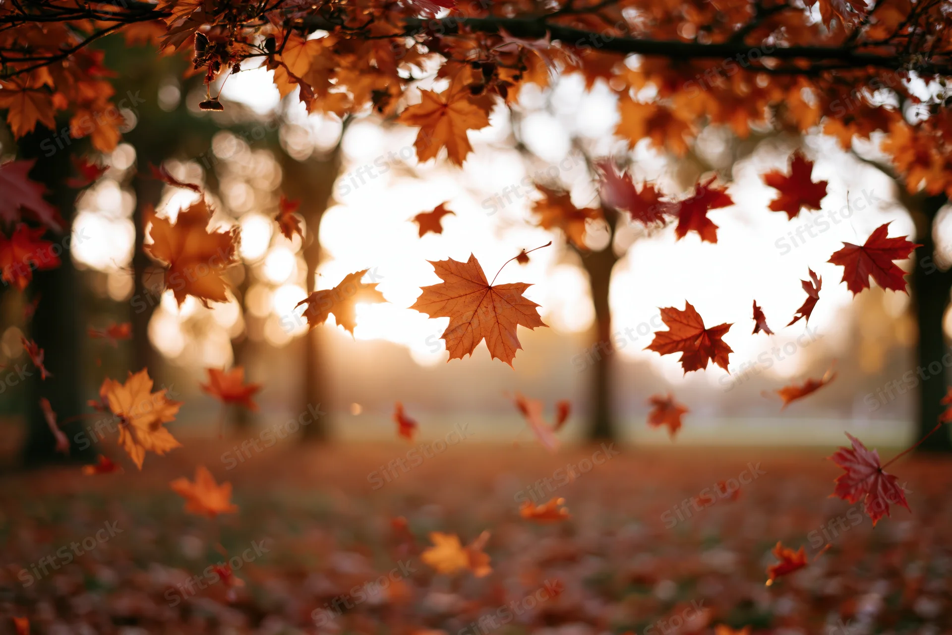 Maple leaves falling midair in a park clearing at sunset
