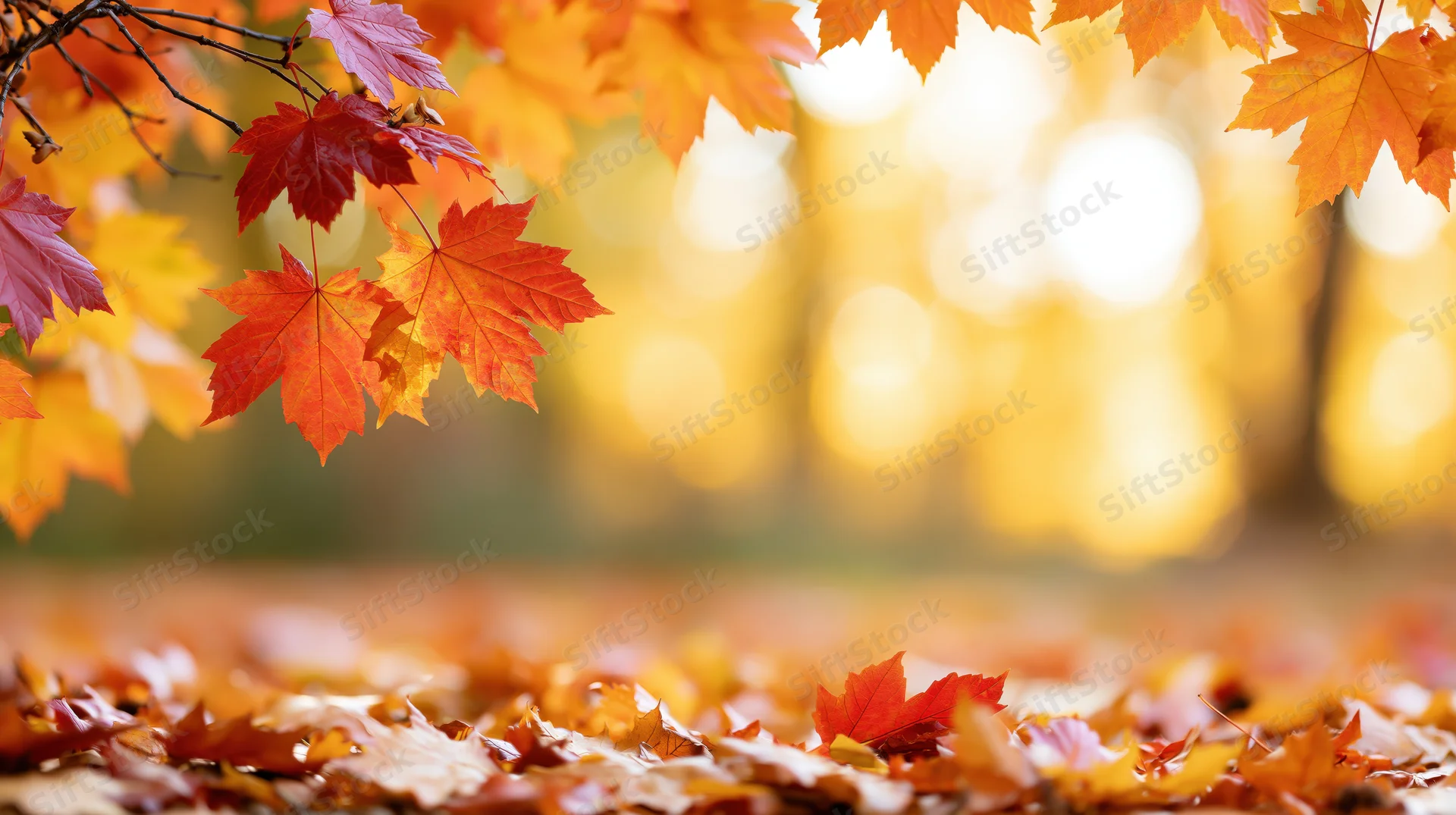 Autumn maple leaves framing the frame with fallen foliage on the ground and golden bokeh background