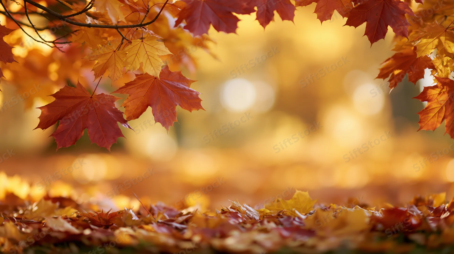 Autumn maple leaves framing the frame with fallen foliage on the ground in a sunlit forest