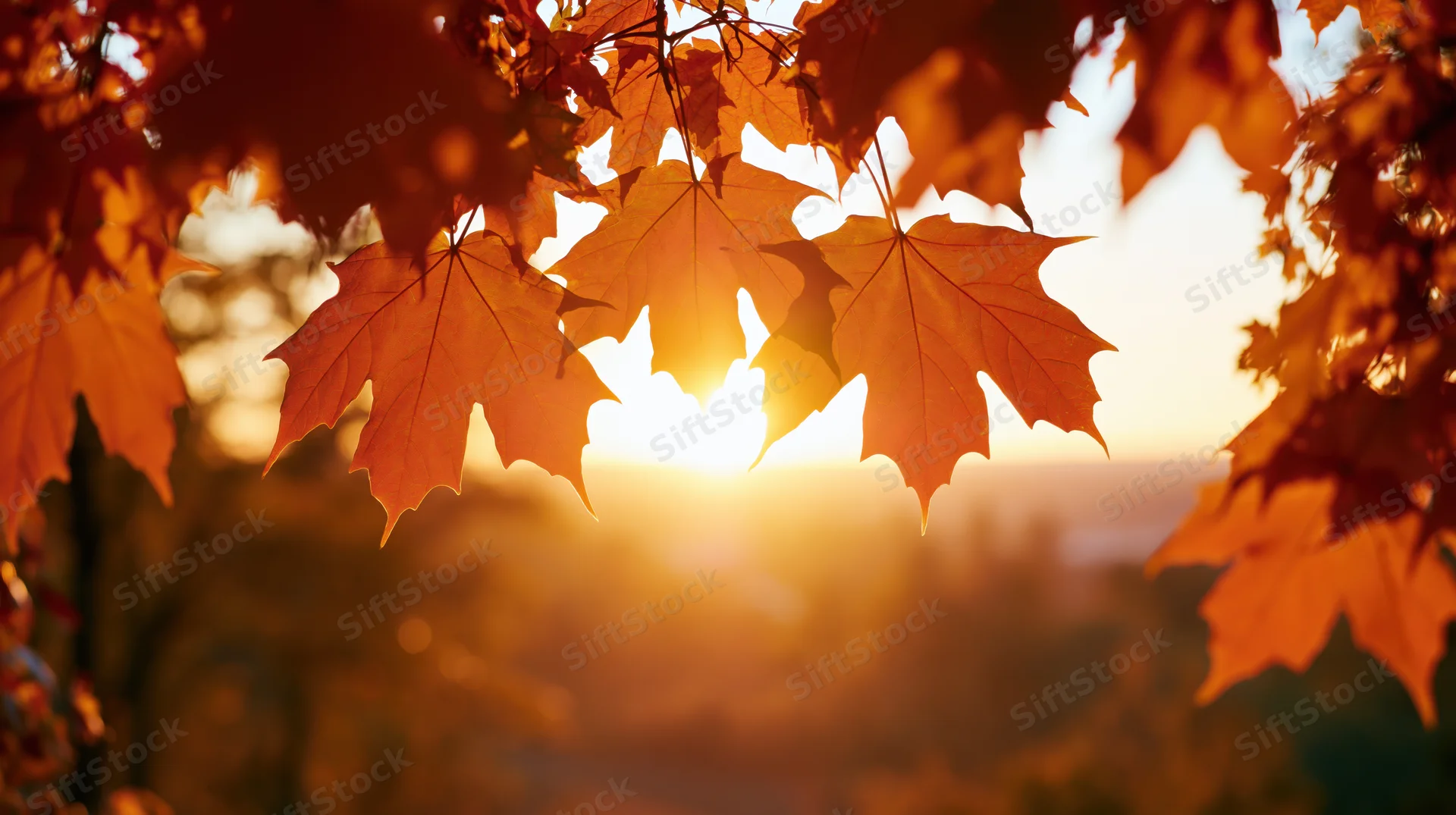 Maple leaves framing the sunset in autumn outdoors
