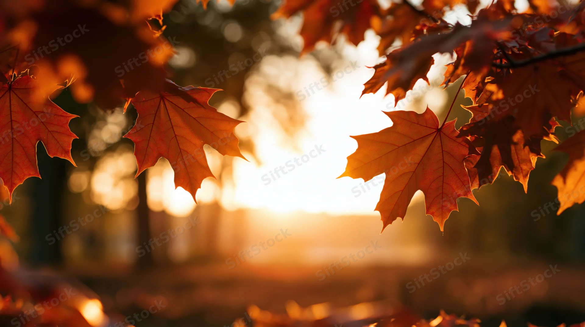 Maple leaves framing the edges of the shot backlit by the setting sun in a forest at autumn