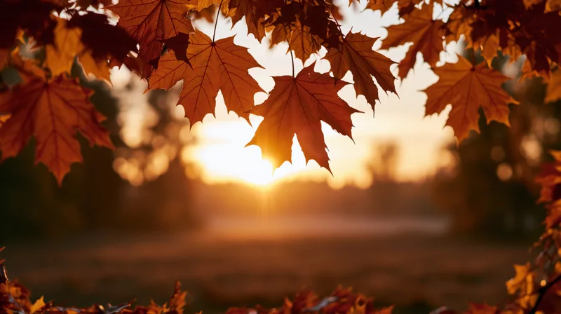 Autumn maple leaves framing the view with sunset backlighting in a park setting