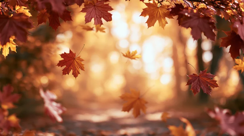 Maple leaves falling in a forest path framed by branches with sunlight glowing through