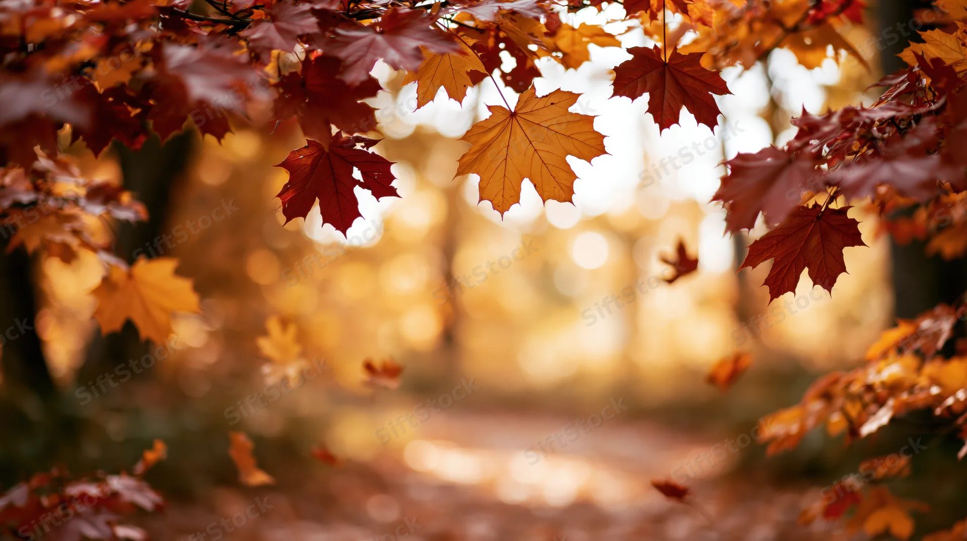 Autumn maple leaves framing a forest path with sunlight filtering through the canopy