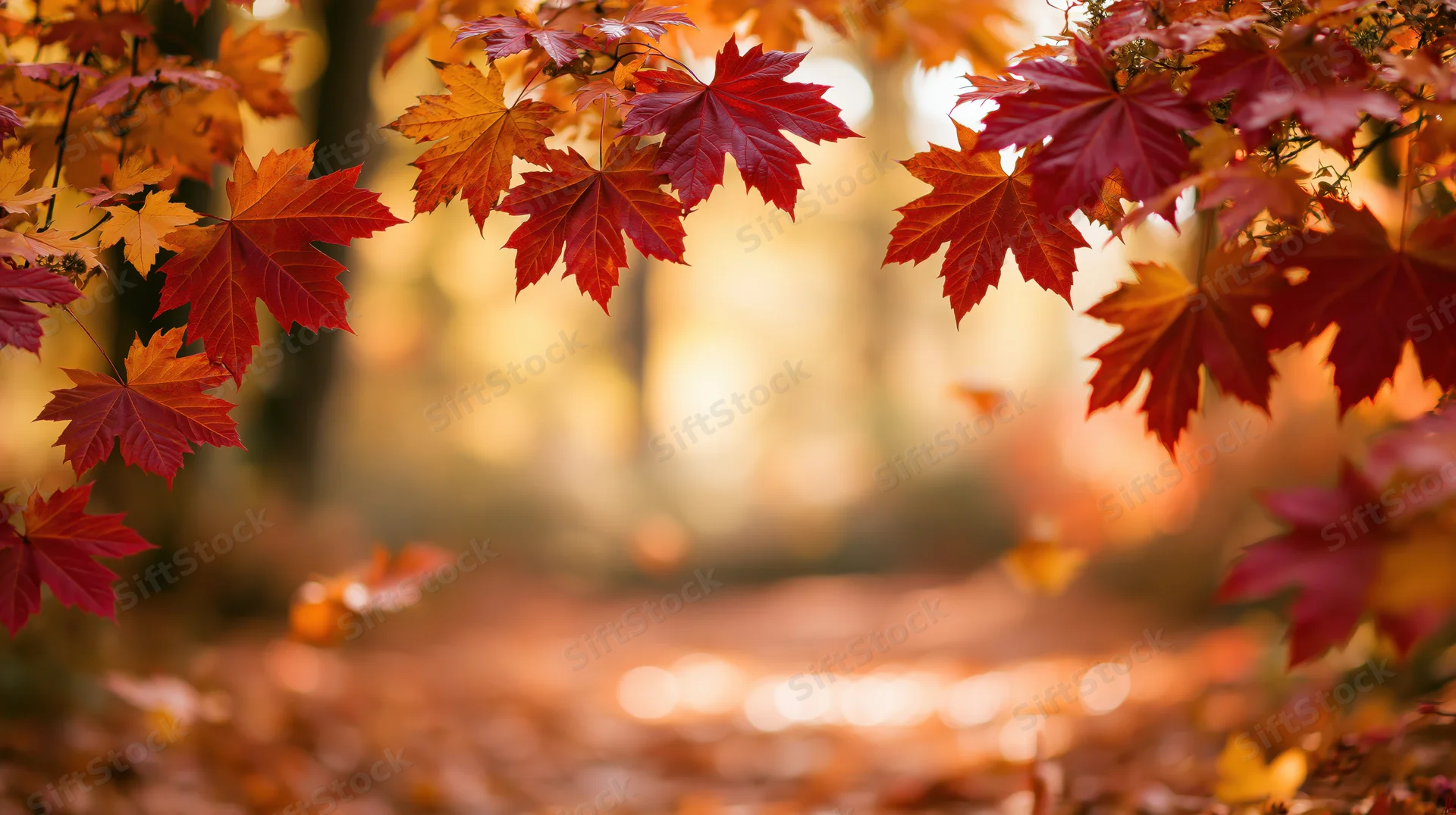 Autumn maple leaves framing a forest path with sunlight filtering through the trees
