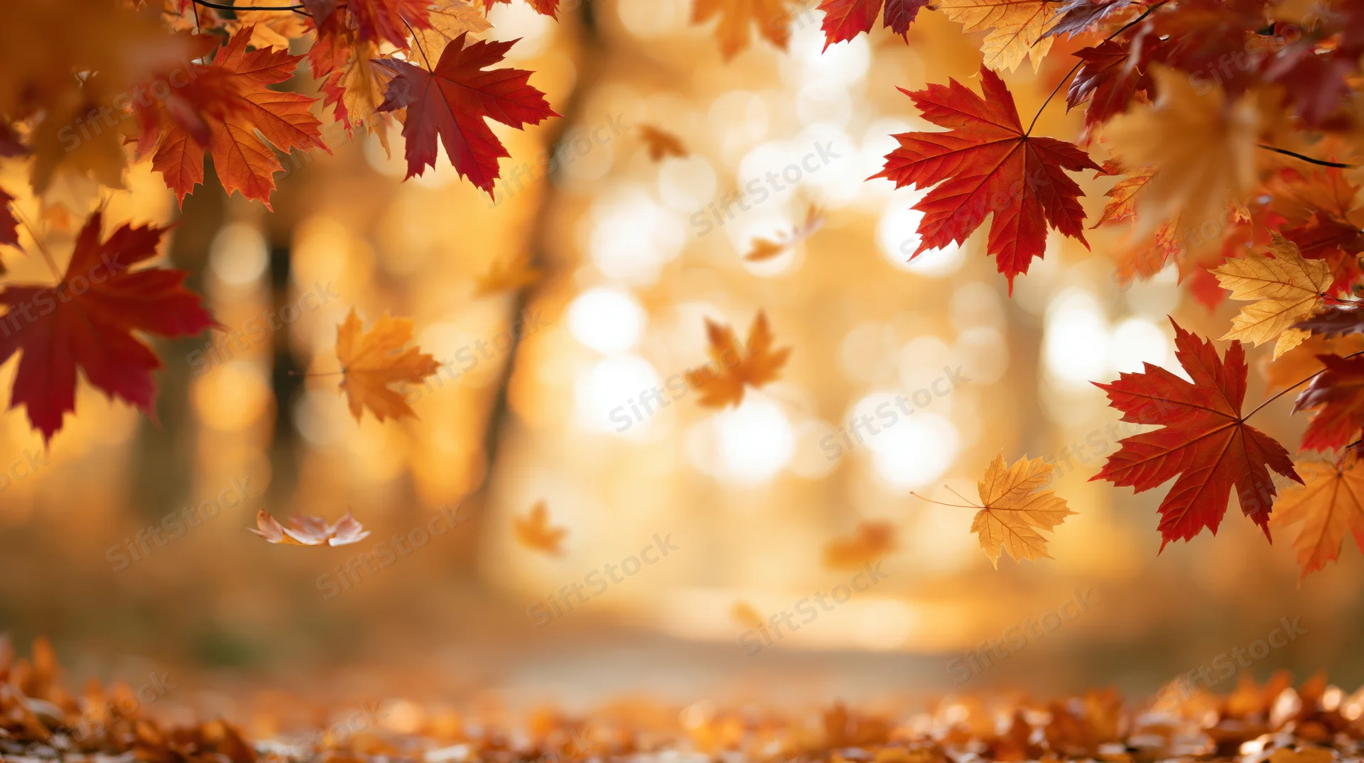 Autumn maple leaves framing the edges of a sunlit forest path with falling foliage and bokeh background