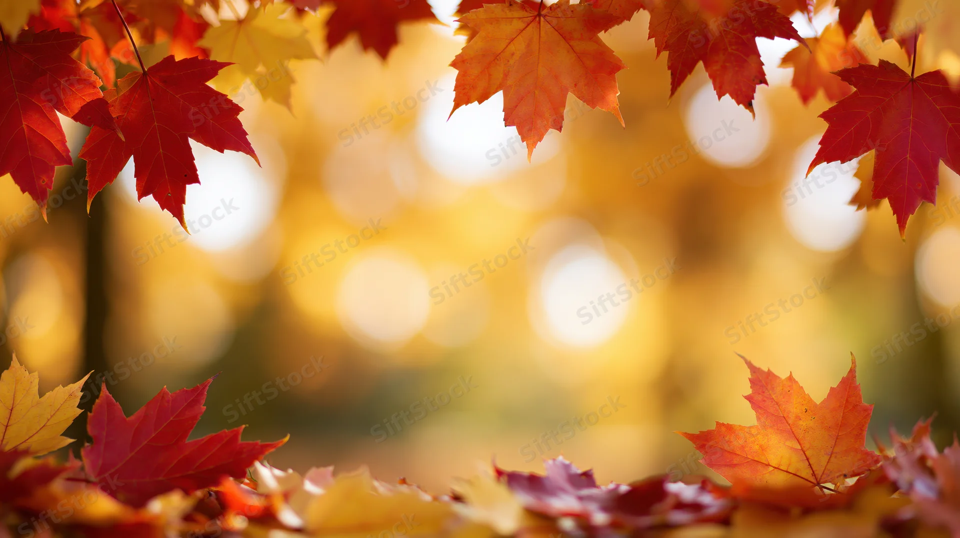 Maple leaves framing the top and bottom of a blurred autumn forest scene