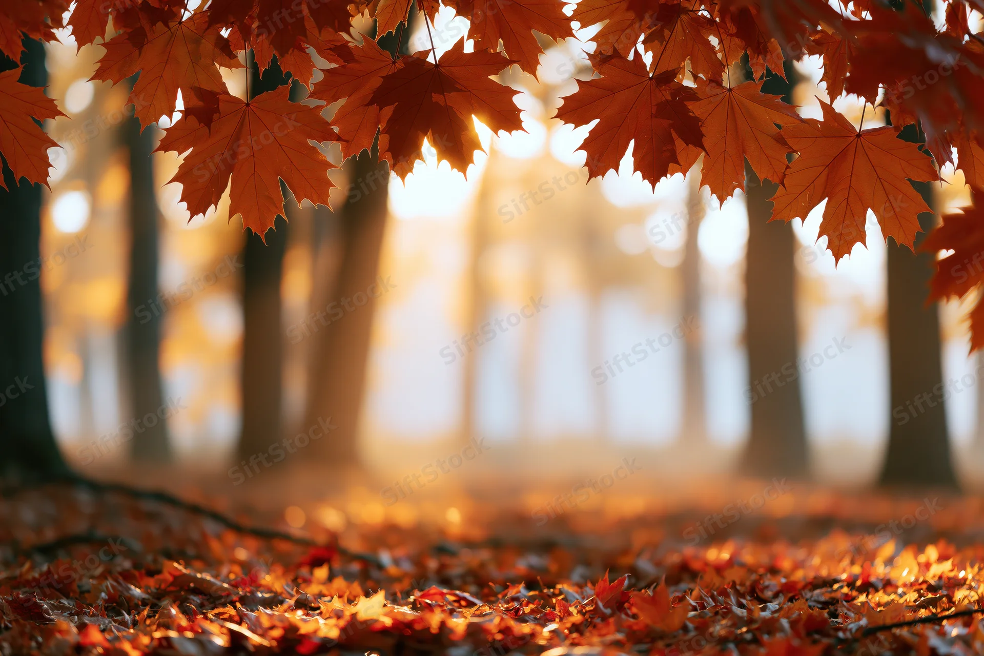 Autumn maple leaves framing a sunlit forest path with fallen foliage on the ground