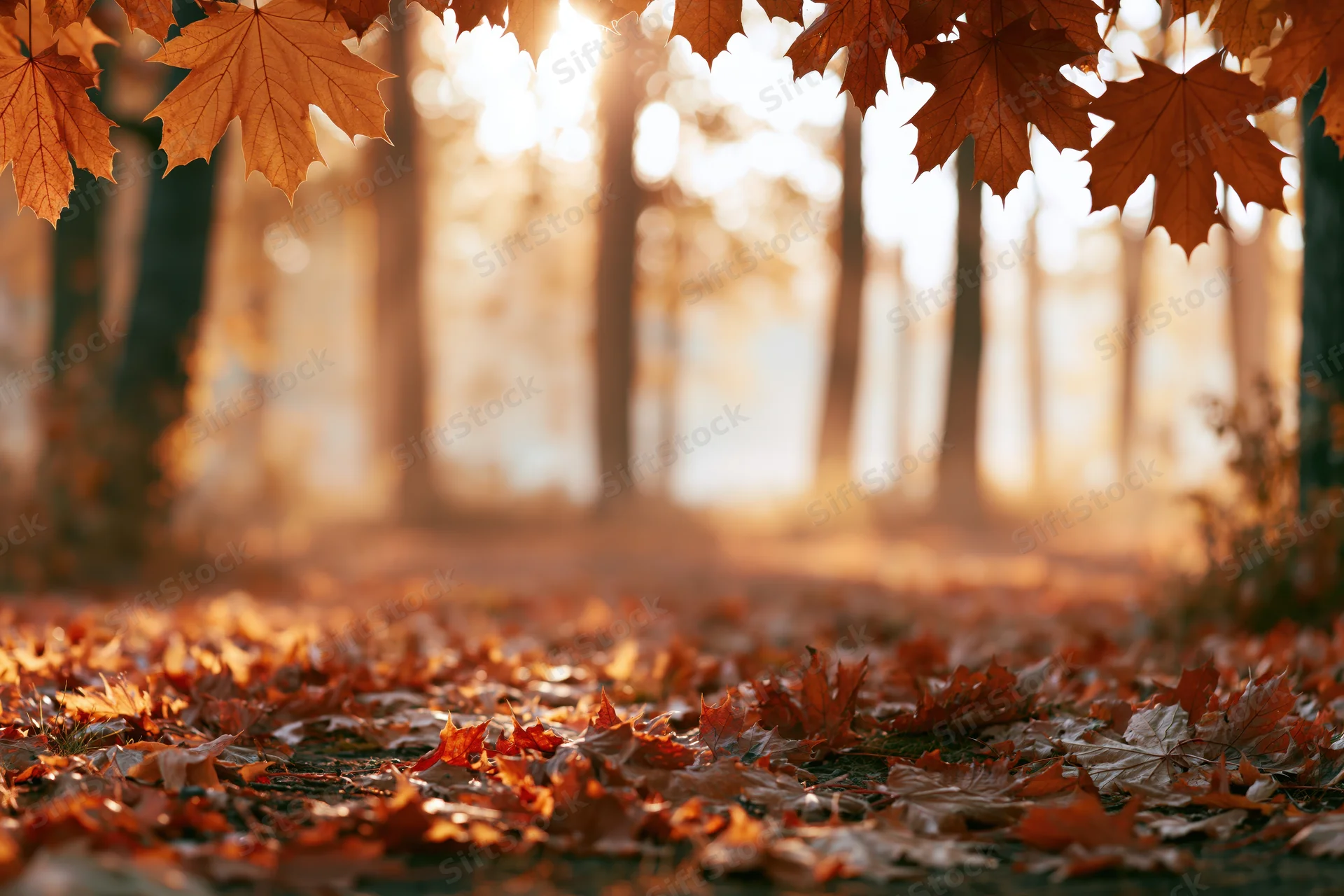 Autumn maple leaves framing a sunlit forest path with fallen foliage on the ground