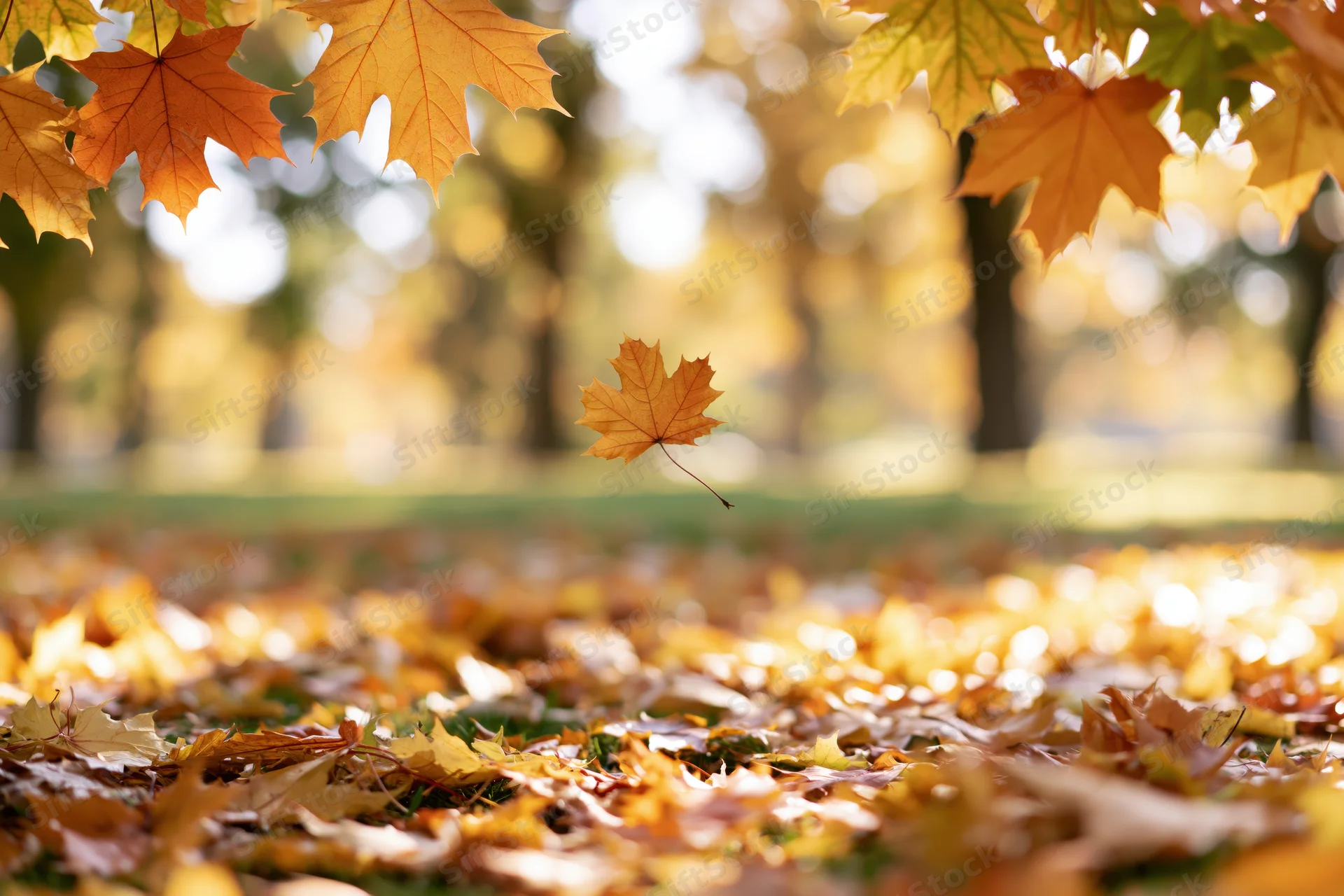 Autumn maple leaves framing the top corners with one floating midair over a carpet of fallen leaves in a sunlit park