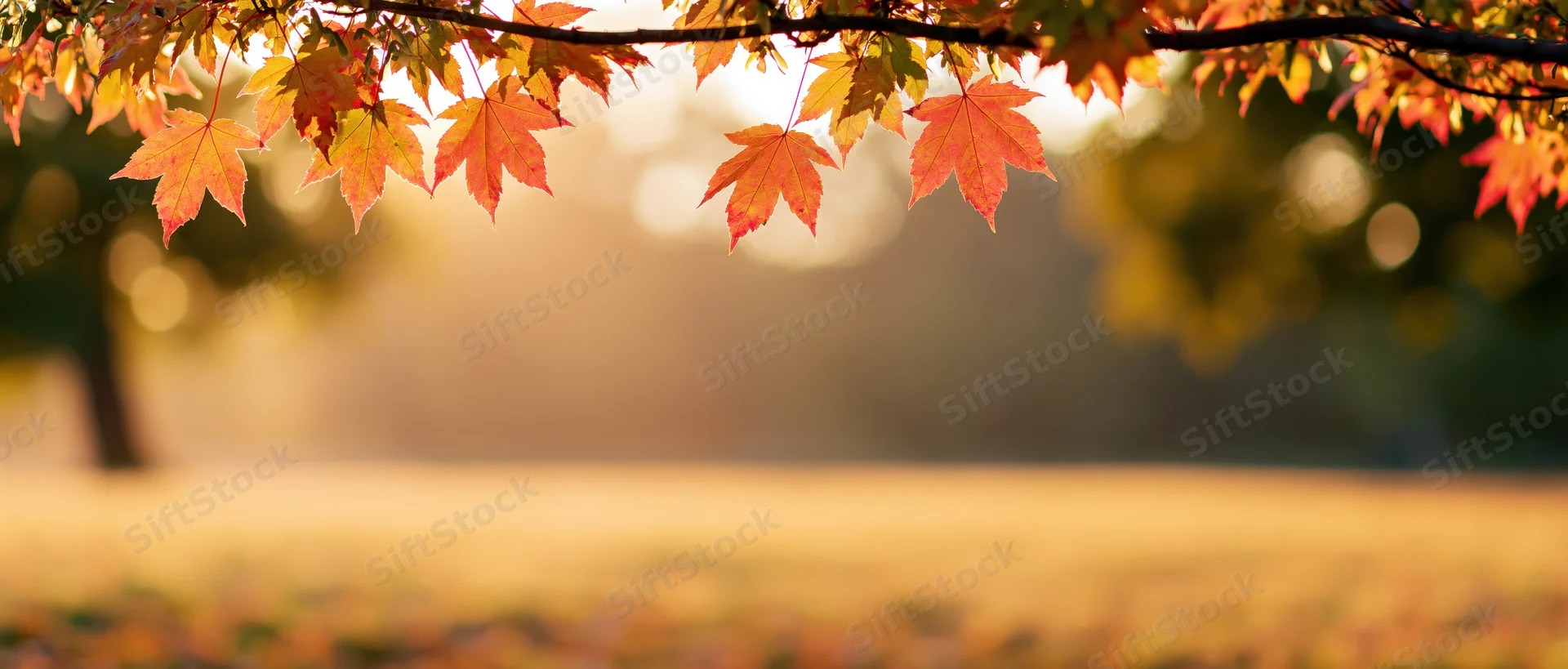 Maple leaves hanging across the top of a sunlit autumn park scene